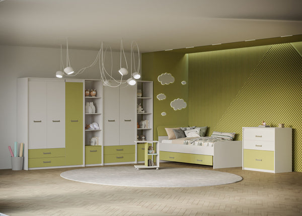 HYPE Rooms Kinderzimmer 3-teilig Kleiderschrank Kommode Hochbett der Serie KINDER in weiß/grün