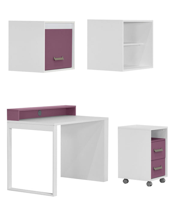 HYPE Rooms Schreibtisch-Set mit Rollcontainer und Regalen der Serie KINDER in weiß/lila