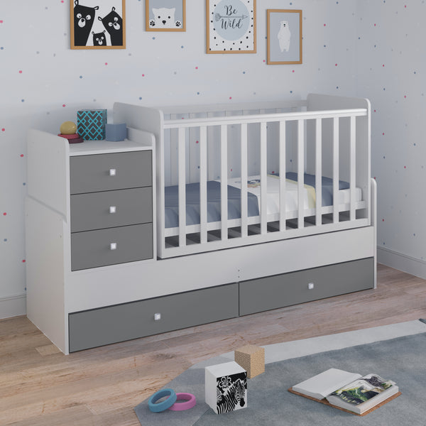 Polini Kids Kombi-Kinderbett mitwachsend mit Kommode weiß grau