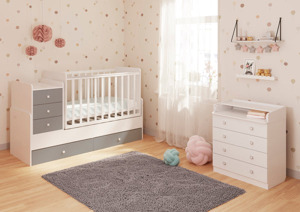 Polini Kids Kombi-Kinderbett mitwachsend mit Kommode weiß grau
