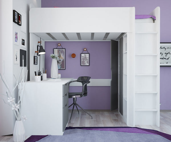 Hochbett mit Kleiderschrank und Schreibtisch Polini Home weiß grau
