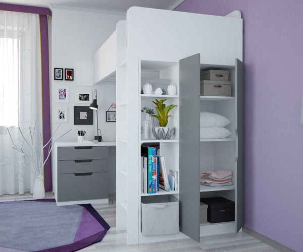Hochbett mit Kleiderschrank und Schreibtisch Polini Home weiß grau