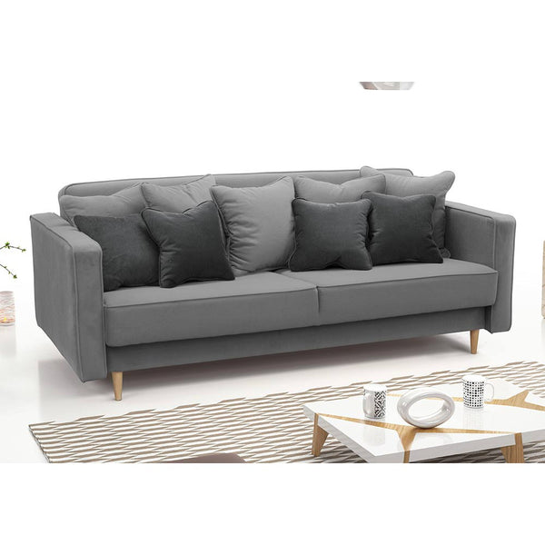 Ausklappbares Sofa mit Schlaffunktion, Bettkasten und 9 Kissen Grau Polini Home
