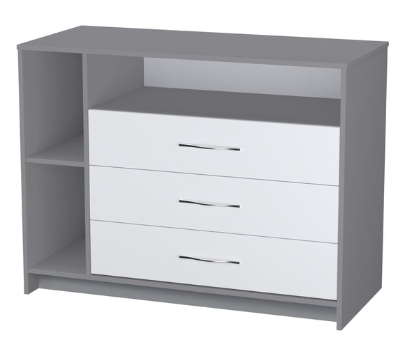 Wickeltisch Wickelkommode mit 3 Schubladen und 3 offenen Fächern Simple Serie in Grau-Weiß. Kommode mit abnehmbarem Wickelaufsatz von Polini Home