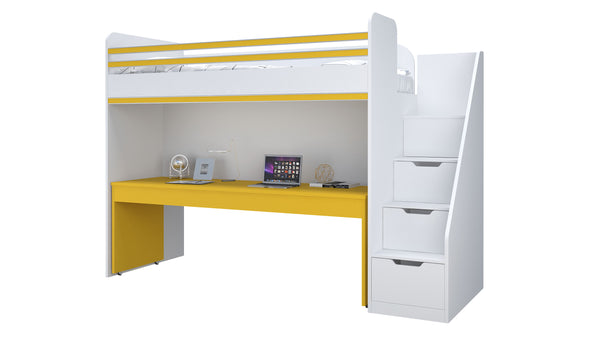 Polini City Hochbett Kombination mit Treppe und großem Schreibtisch gelb